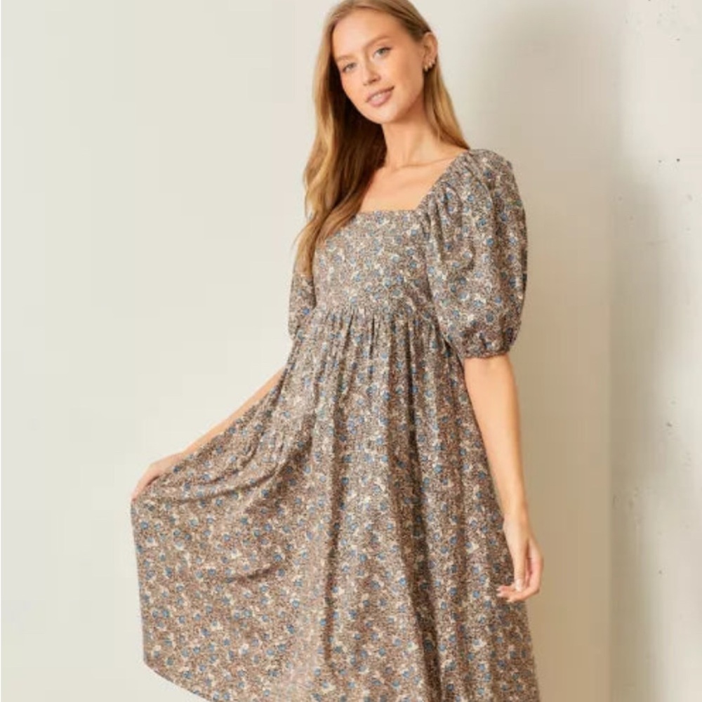 Rylee + Cru Brown Puff Sleeve Sundress